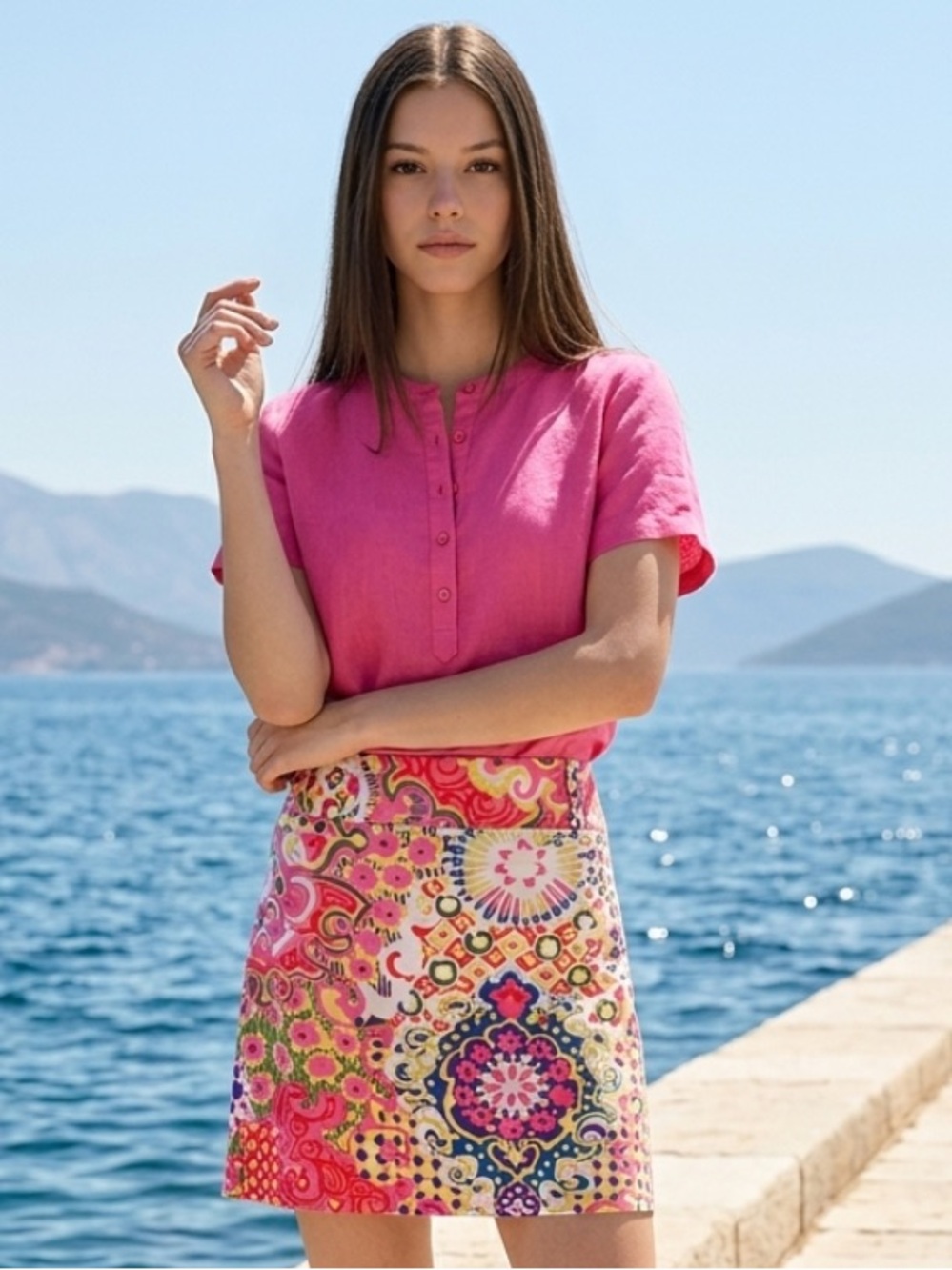J CREW Skirt Stretch Mini Pencil Colorful Cotton Pink Summer Cruise